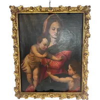 Huile sur toile : « La Vierge à l'Enfant et le petit saint Jean ». Copie d'Andrea del Sarto. XVIe siècle