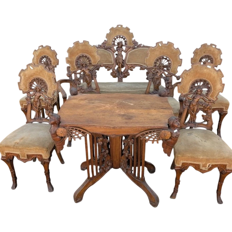Art Nouveau sitting room set in carved walnut with female figures, late 19th century
