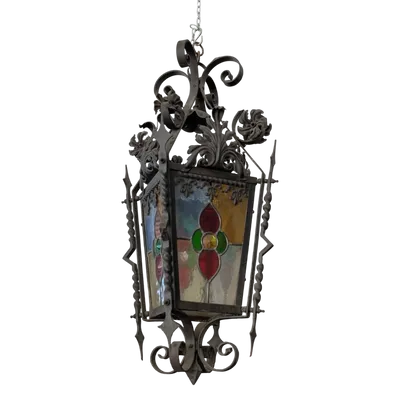 Suspended lantern made of wrought iron and leaded colored glass