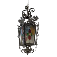 Suspended lantern made of wrought iron and leaded colored glass