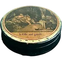 Scatola tabacchiera in papier mache’ con iscrizione: la fille mal garde’.Francia.
