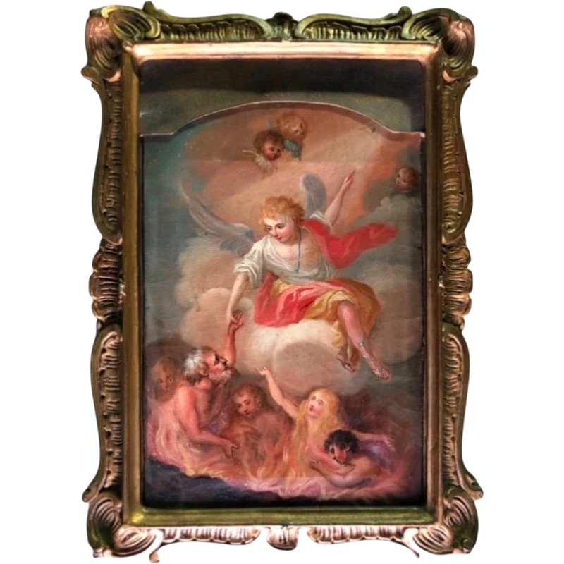 Dipinto olio su tela raffigurante Angelo che indica alle anime del Purgatorio
