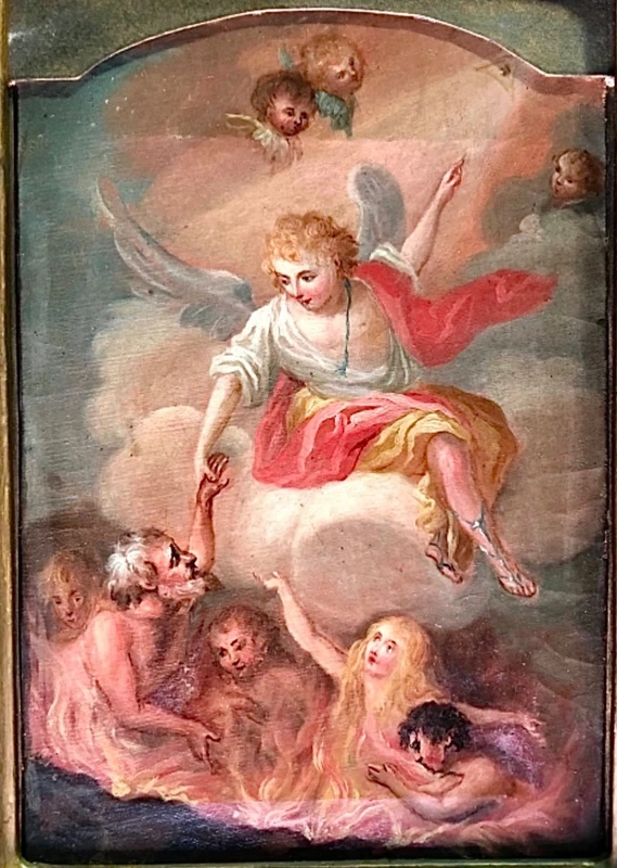 Dipinto olio su tela raffigurante Angelo che indica alle anime del Purgatorio