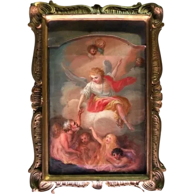 Oil painting on canvas depicting an angel pointing to the souls in Purgatory