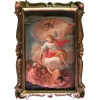 Dipinto olio su tela raffigurante Angelo che indica alle anime del Purgatorio