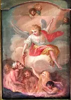 Dipinto olio su tela raffigurante Angelo che indica alle anime del Purgatorio