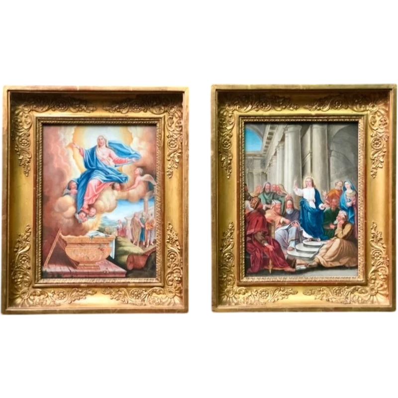 Paire de peintures à la détrempe représentant l'Assomption de la Vierge et Jésus prêchant devant les docteurs
