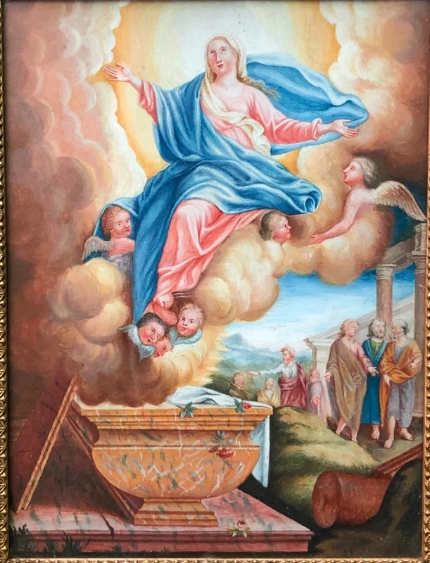 Paire de peintures à la détrempe représentant l'Assomption de la Vierge et Jésus prêchant devant les docteurs