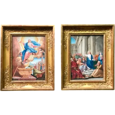 Coppia di dipinti a tempera raffiguranti Assunzione della Vergine e Gesu’che predica ai dottori