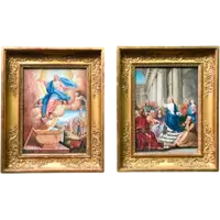 Paire de peintures à la détrempe représentant l'Assomption de la Vierge et Jésus prêchant devant les docteurs