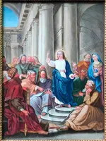 Paire de peintures à la détrempe représentant l'Assomption de la Vierge et Jésus prêchant devant les docteurs