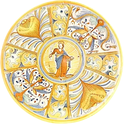 Majolica plate-and-cutting board with a quarter-circle design in the style of Raphael and stylized plant motifs