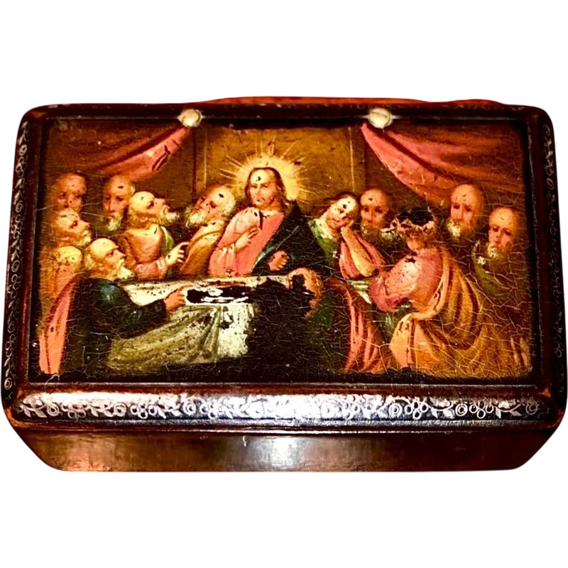 Scatolina in papier mache’ con scena dipinta:l’ultima cena.Francia.