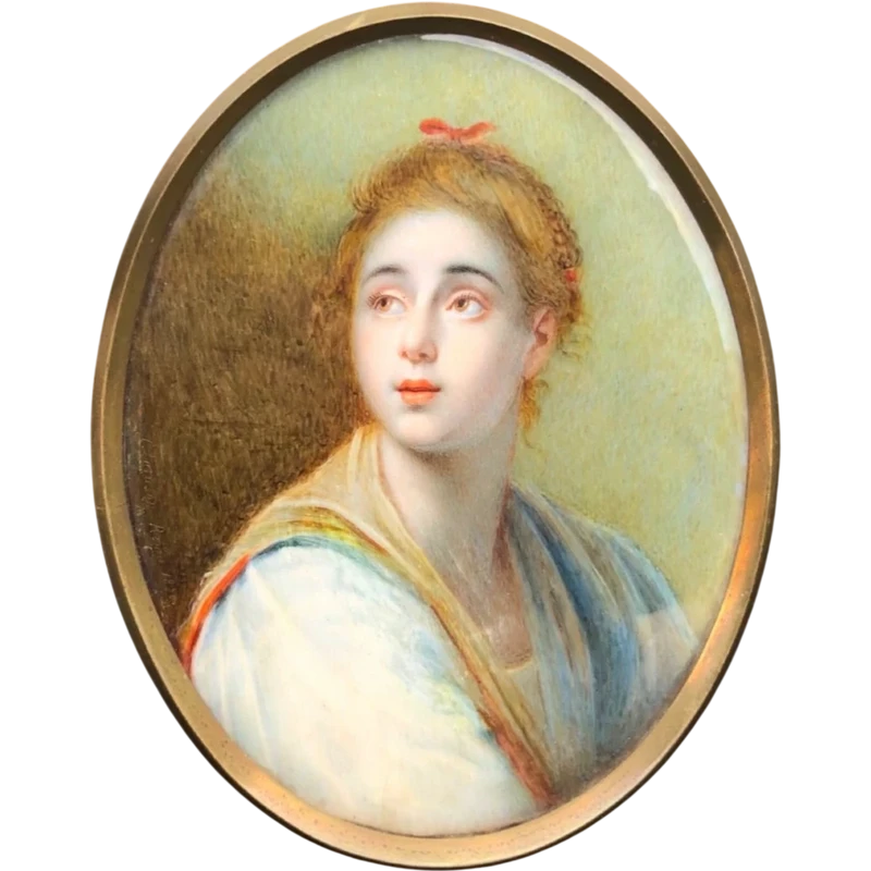 Miniatura  con figura femminile.Firma C.Caruson.Roma 1870.