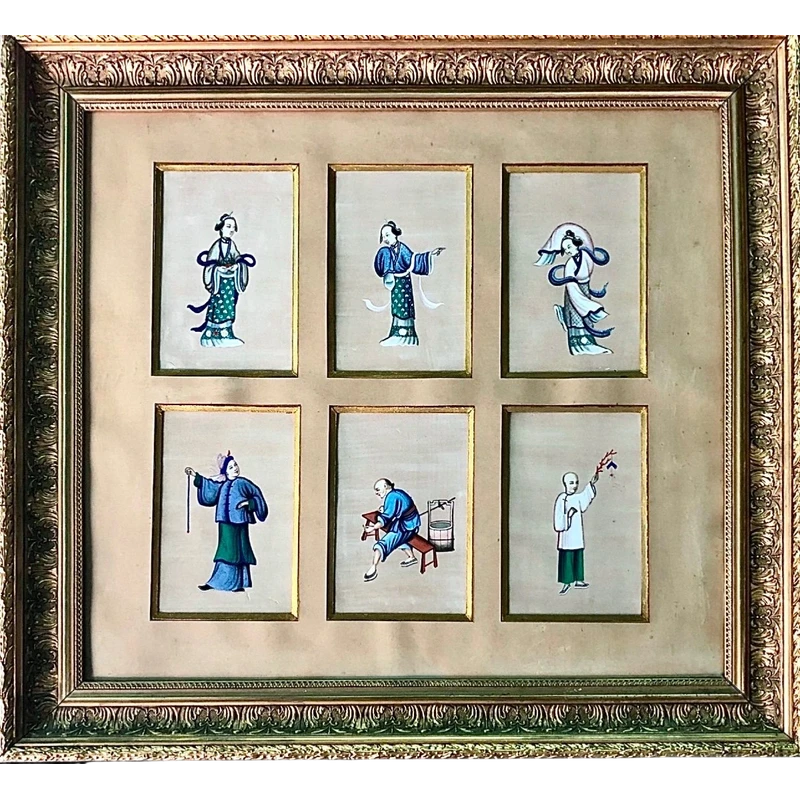 A set of 6 silk paintings in gilded wooden frames depicting figures. China.