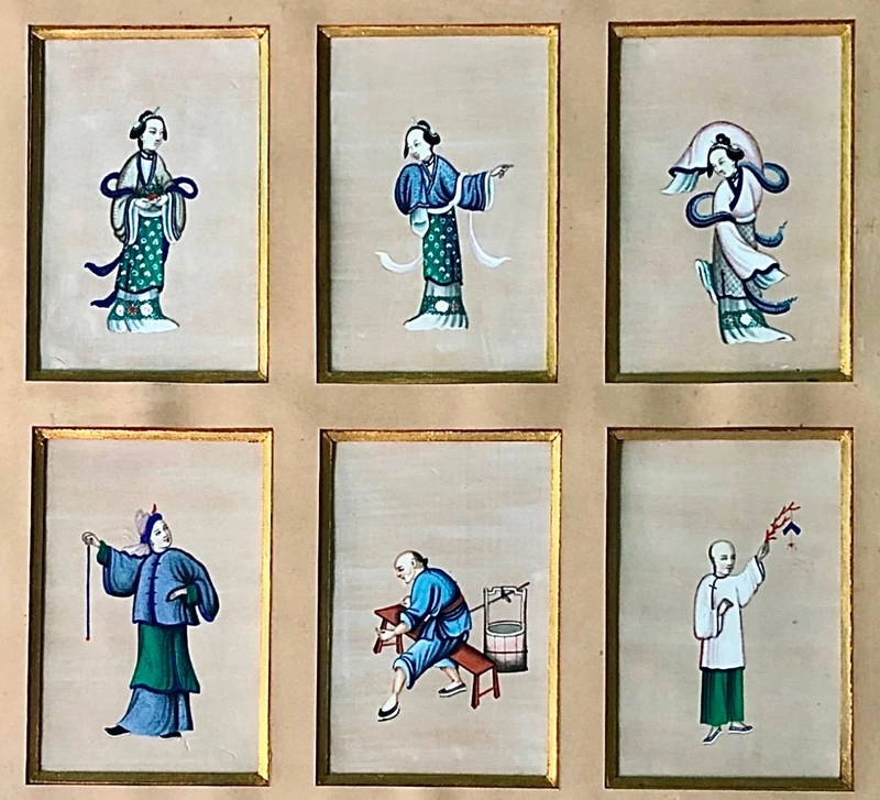 A set of 6 silk paintings in gilded wooden frames depicting figures. China.