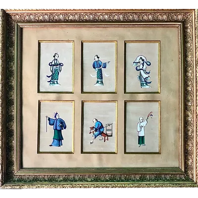 A set of 6 silk paintings in gilded wooden frames depicting figures. China.