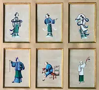 A set of 6 silk paintings in gilded wooden frames depicting figures. China.