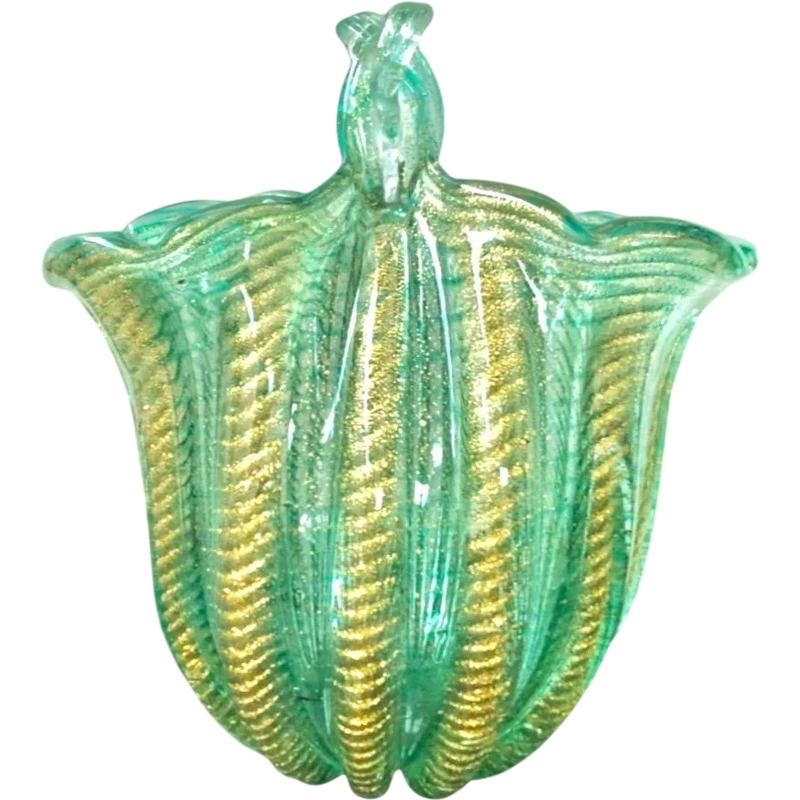 Vase en verre épais, décoré d'un motif cordonné or et vert. Manufacture Barovier & Toso.