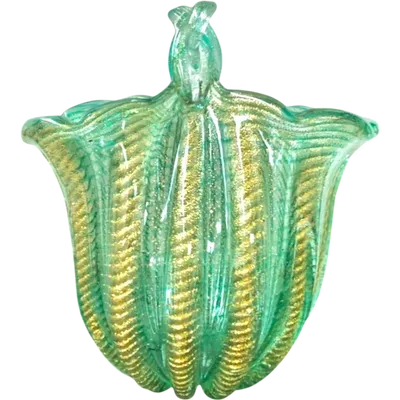 Heavy glass vase with gold and green corded decoration. Made by Barovier & Toso.