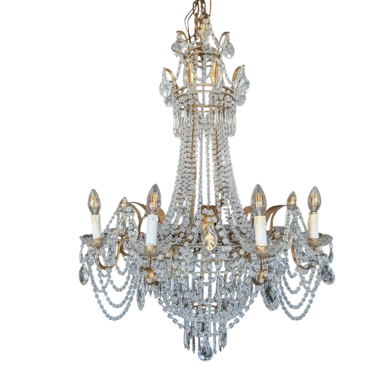 Grande Lampadario Impero a Mongolfiera Otto Luci in Cristallo – Prima Metà del Novecento