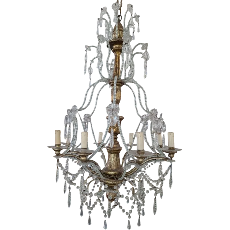 Lampadario Genovese a 8 Luci in Cristallo e Legno Dorato, Inizi XX Secolo