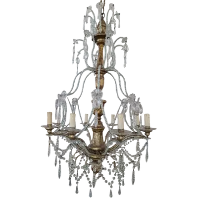 8-Light Genoese Chandelier in Crystal and Gilded Wood, Early 20th Century