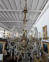 Lampadario Genovese a 8 Luci in Cristallo e Legno Dorato, Inizi XX Secolo