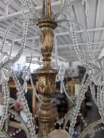 Lampadario Genovese a 8 Luci in Cristallo e Legno Dorato, Inizi XX Secolo