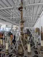 Lampadario Genovese a 8 Luci in Cristallo e Legno Dorato, Inizi XX Secolo