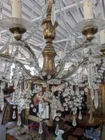 Lampadario Genovese a 8 Luci in Cristallo e Legno Dorato, Inizi XX Secolo