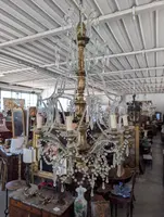 Lampadario Genovese a 8 Luci in Cristallo e Legno Dorato, Inizi XX Secolo