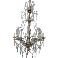 Lampadario Genovese a 8 Luci in Cristallo e Legno Dorato, Inizi XX Secolo