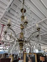 Lampadario Genovese a 8 Luci in Cristallo e Legno Dorato, Inizi XX Secolo