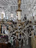 Lampadario Genovese a 8 Luci in Cristallo e Legno Dorato, Inizi XX Secolo