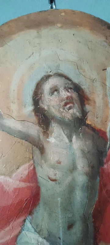 Ancien tableau sur fond doré, représentant le Christ ressuscité, volet de tabernacle ou de ciboire.