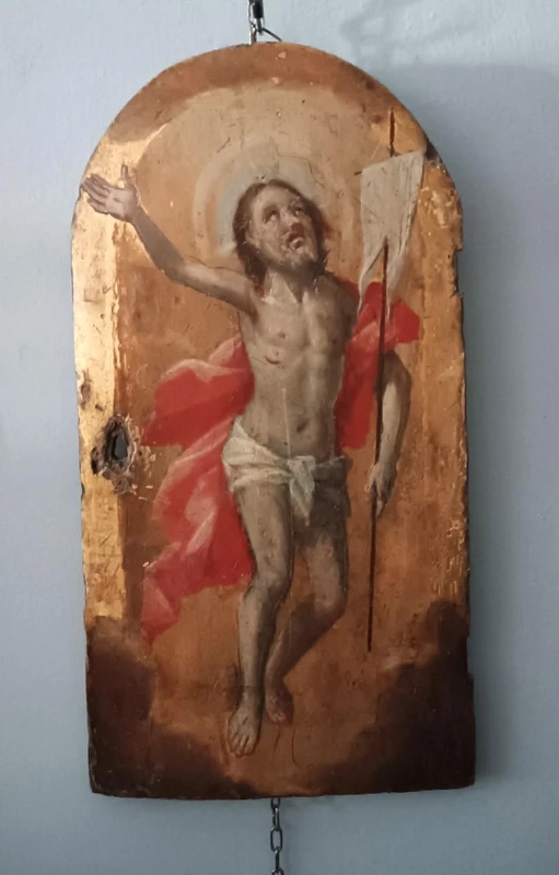 Ancien tableau sur fond doré, représentant le Christ ressuscité, volet de tabernacle ou de ciboire.