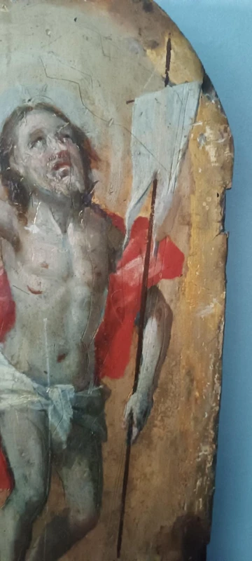 Ancien tableau sur fond doré, représentant le Christ ressuscité, volet de tabernacle ou de ciboire.