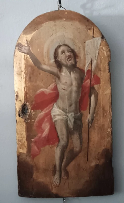 Ancien tableau sur fond doré, représentant le Christ ressuscité, volet de tabernacle ou de ciboire.