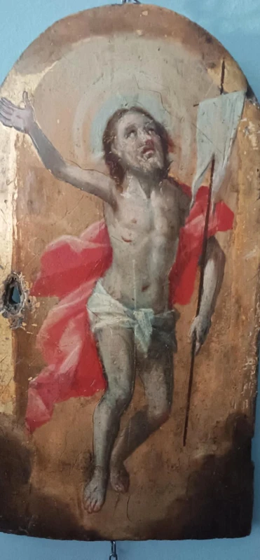 Ancien tableau sur fond doré, représentant le Christ ressuscité, volet de tabernacle ou de ciboire.