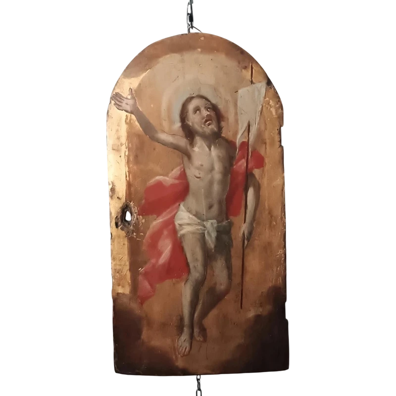 Ancien tableau sur fond doré, représentant le Christ ressuscité, volet de tabernacle ou de ciboire.