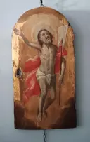 Ancien tableau sur fond doré, représentant le Christ ressuscité, volet de tabernacle ou de ciboire.