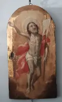 Ancien tableau sur fond doré, représentant le Christ ressuscité, volet de tabernacle ou de ciboire.