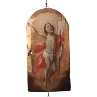 Ancien tableau sur fond doré, représentant le Christ ressuscité, volet de tabernacle ou de ciboire.