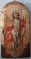 Ancien tableau sur fond doré, représentant le Christ ressuscité, volet de tabernacle ou de ciboire.