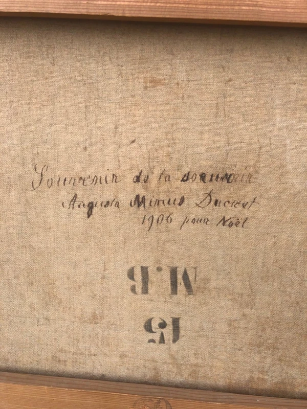 Peinture à l'huile sur toile représentant une nature morte avec des fleurs. Signée August Menus Ducret, 1906.