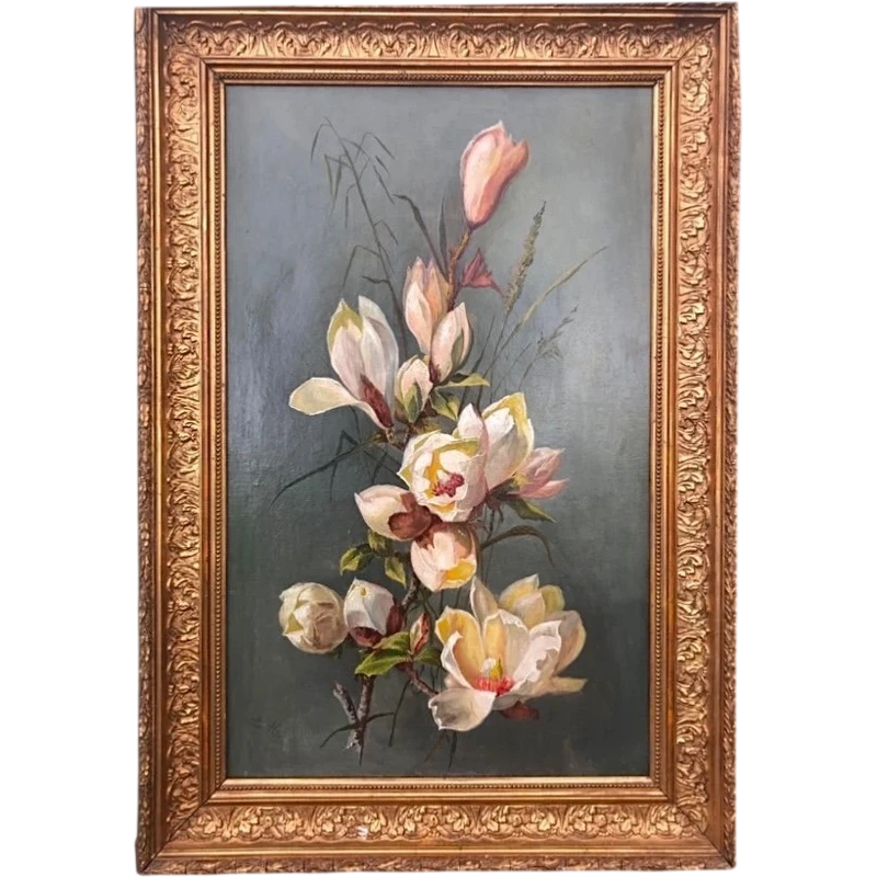 Peinture à l'huile sur toile représentant une nature morte avec des fleurs. Signée August Menus Ducret, 1906.