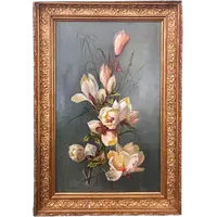 Peinture à l'huile sur toile représentant une nature morte avec des fleurs. Signée August Menus Ducret, 1906.