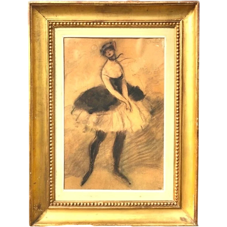 Dessin au fusain sur carton représentant une danseuse. France. Signé.
