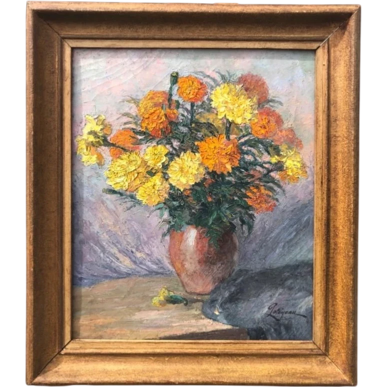 Peinture à l'huile sur toile représentant une nature morte avec un vase de fleurs. Signée. France.